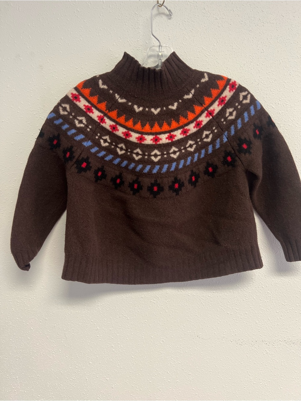 Weekend Max Mara Brown Fair Isle Mock Neck Sweater with Orange and Blue Accents